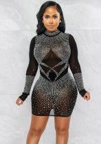 Women Sexy Beaded Mesh See-Through Bodycon Dress Women Sexy Beaded Mesh See-Through Bodycon Dress