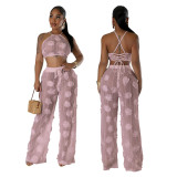 Women Solid Color See-Through Lace-Up Top Loose Slim Pants Two-Piece Set