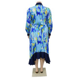 Autumn Print Ruffled Patchwork Irregular Loose Casual Plus Size Shirt Dress