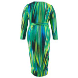 Plus Size Women's Round Neck Long Sleeve Irregular Striped Long Dress