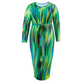 Plus Size Women's Round Neck Long Sleeve Irregular Striped Long Dress