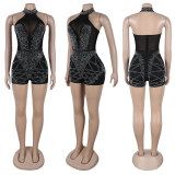 Women Beaded See-Through Backless Halter Neck Elastic Jumpsuit