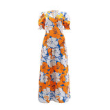 Plus Size Women V-neck Chic Bubble Short Sleeve Print Dress