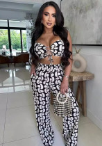 Women print lace-up hollow sling top and wide-leg pants two-piece set Women print lace-up hollow sling top and wide-leg pants two-piece set