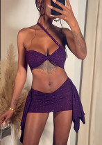 Women summer sexy Solid one-shoulder Halter Neck Strapless Top and Skirt two-piece set