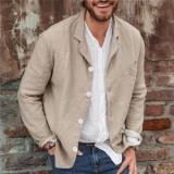 Spring Autumn Men's Loose Solid Color Long-Sleeved Blazer Chic Linen Jacket