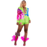 Fashion Women's Sexy Printed Blazer Shorts Two Piece Set
