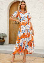 Women's Summer Print Turndown Collar Belt Slim Waist Long Dress