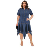 Plus Size Women's Turndown Collar Short Sleeve Button Denim Dress