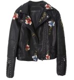 Women Embroidered Rivet Pu-Leather Long Sleeve Coat