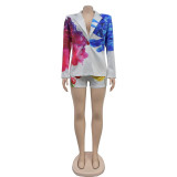 Fashion Women's Sexy Printed Blazer Shorts Two Piece Set
