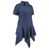 Plus Size Women's Turndown Collar Short Sleeve Button Denim Dress