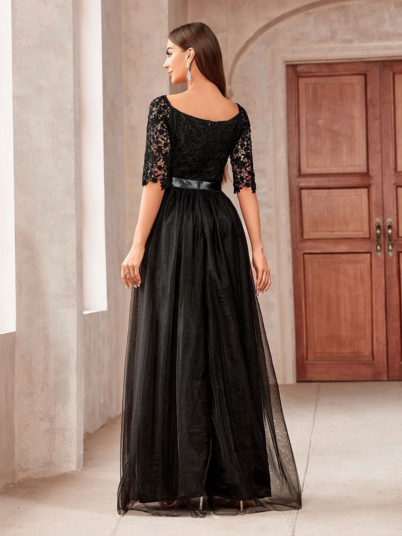 Sexy Lacemesh Half-Sleeve Wedding Party Evening Dress