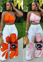 Printed One-Shoulder Top Slim Wide-Leg Pants Two-Piece Set Printed One-Shoulder Top Slim Wide-Leg Pants Two-Piece Set