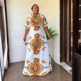 African Printed Hooded Short-Sleeved Split Loose Long Dress