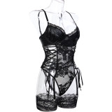 Lace Patchwork Sexy Lace-Up Strap Bodysuit Garter Sexy Lingerie Set