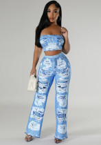 Sexy Fashion Print Strap Top Slim Flared Trousers Two-Piece Set Sexy Fashion Print Strap Top Slim Flared Trousers Two-Piece Set