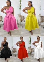 Sexy Solid Color One-Shoulder Petal Hollow Midi Dress Sexy Solid Color One-Shoulder Petal Hollow Midi Dress