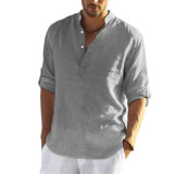 Spring Men's Casual Loose Shirt Trendy Stand Collar Linen Long Sleeve Solid Top