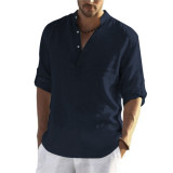 Spring Men's Casual Loose Shirt Trendy Stand Collar Linen Long Sleeve Solid Top