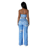 Sexy Fashion Print Strap Top Slim Flared Trousers Two-Piece Set