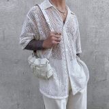 Men summer Solid Half-Sleeve Mesh See-Through Lace Shirt