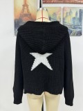 Women Autumn Winter Pullover Hooded Knitting Shirt Pocket Long Sleeve Five-Pointed Star Sweater