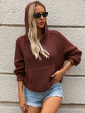 Women Autumn Winter Pullover Hooded Knitting Shirt Pocket Long Sleeve Five-Pointed Star Sweater