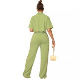 Women Solid Short Sleeve Shirt and Casual Wide Leg Pants Two-piece Set