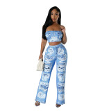 Sexy Fashion Print Strap Top Slim Flared Trousers Two-Piece Set