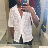 Men summer Solid Half-Sleeve Mesh See-Through Lace Shirt
