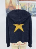 Women Autumn Winter Pullover Hooded Knitting Shirt Pocket Long Sleeve Five-Pointed Star Sweater