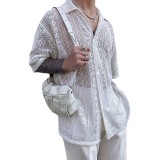 Men summer Solid Half-Sleeve Mesh See-Through Lace Shirt