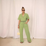 Women Solid Short Sleeve Shirt and Casual Wide Leg Pants Two-piece Set