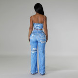 Sexy Fashion Print Strap Top Slim Flared Trousers Two-Piece Set