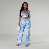 Sexy Fashion Print Strap Top Slim Flared Trousers Two-Piece Set