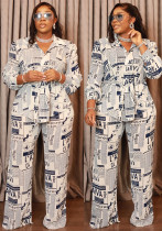 Women Newspaper Print Lace-Up Long Sleeve Top and Pant Two-piece Set Women Newspaper Print Lace-Up Long Sleeve Top and Pant Two-piece Set