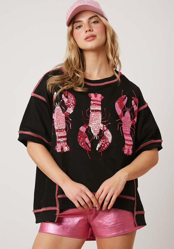 Summer Women's Loose Casual Tops Lobster Sequined Short-Sleeved Women T-Shirts