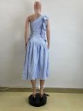 Summer Women's Slash Shoulder Ruffle Striped Sexy Dress