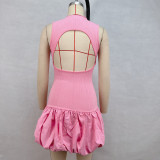 Women's Summer Fashion Sexy Sleeveless Back Hollow Slim Patchwork Pleated Dress