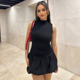 Women's Summer Fashion Sexy Sleeveless Back Hollow Slim Patchwork Pleated Dress