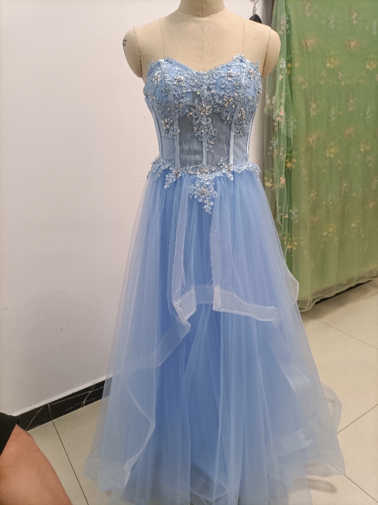 Women blue Strapless Lace-Up bridesmaid dress formal party evening dress(process time 3-6 days)