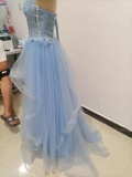 Women blue Strapless Lace-Up bridesmaid dress formal party evening dress（process time 3-6 days）