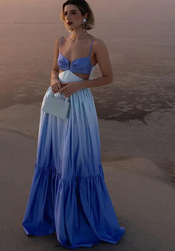 Women Gradient Color Suspender Cut Out Maxi Dress