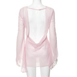 Women Summer Sexy See-Through Swing Collar Long Sleeve Backless Dress