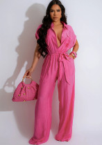 Women's Solid Color Casual Women's Turndown Collar Short Sleeve Linen Jumpsuit Women's Solid Color Casual Women's Turndown Collar Short Sleeve Linen Jumpsuit