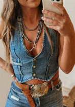 Women's Sleeveless Single-Breasted V-Neck Top Denim Vest