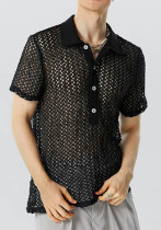 Summer Men's Solid Color Turndown Collar Knitting Shirt Loose See-Through Mesh Short-Sleeved Sexy T-Shirt Summer Men's Solid Color Turndown Collar Knitting Shirt Loose See-Through Mesh Short-Sleeved Sexy T-Shirt