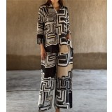 Women's Fashionable Linen Multi-Color Printed Long Sleeve Casual Two-Piece Pants Set