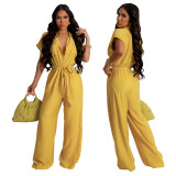 Women's Solid Color Casual Women's Turndown Collar Short Sleeve Linen Jumpsuit